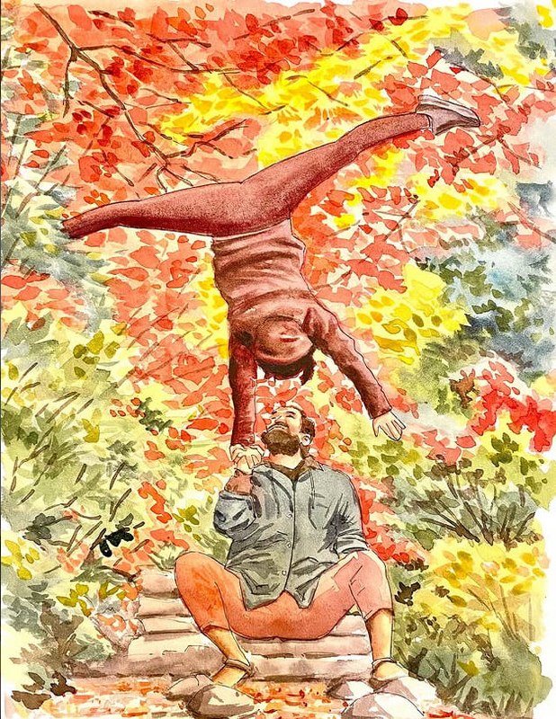 Handstand acroyoga in autumn foliage — watercolor by Elena