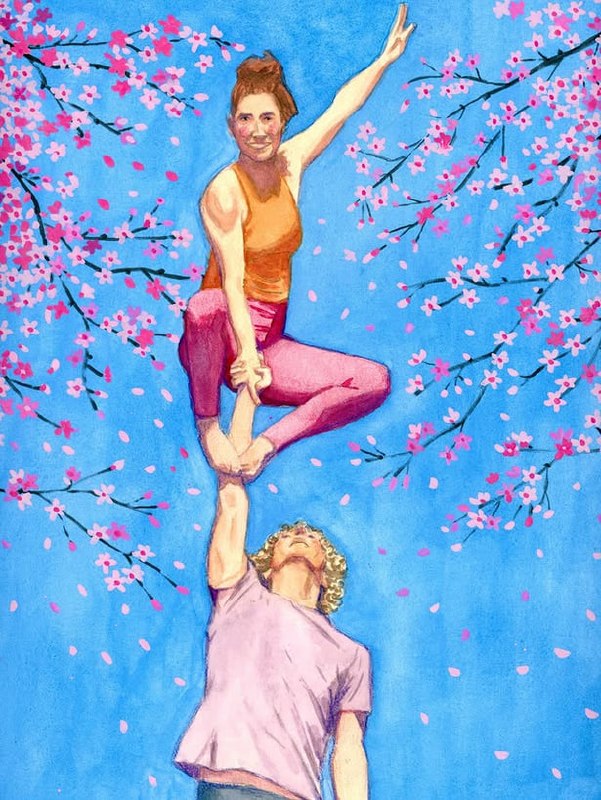 Acroyoga standing pose under cherry blossoms — watercolor by Elena