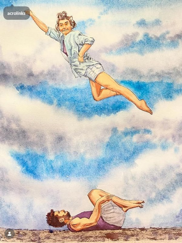 Acroyoga against a cloudy sky — watercolor by Elena