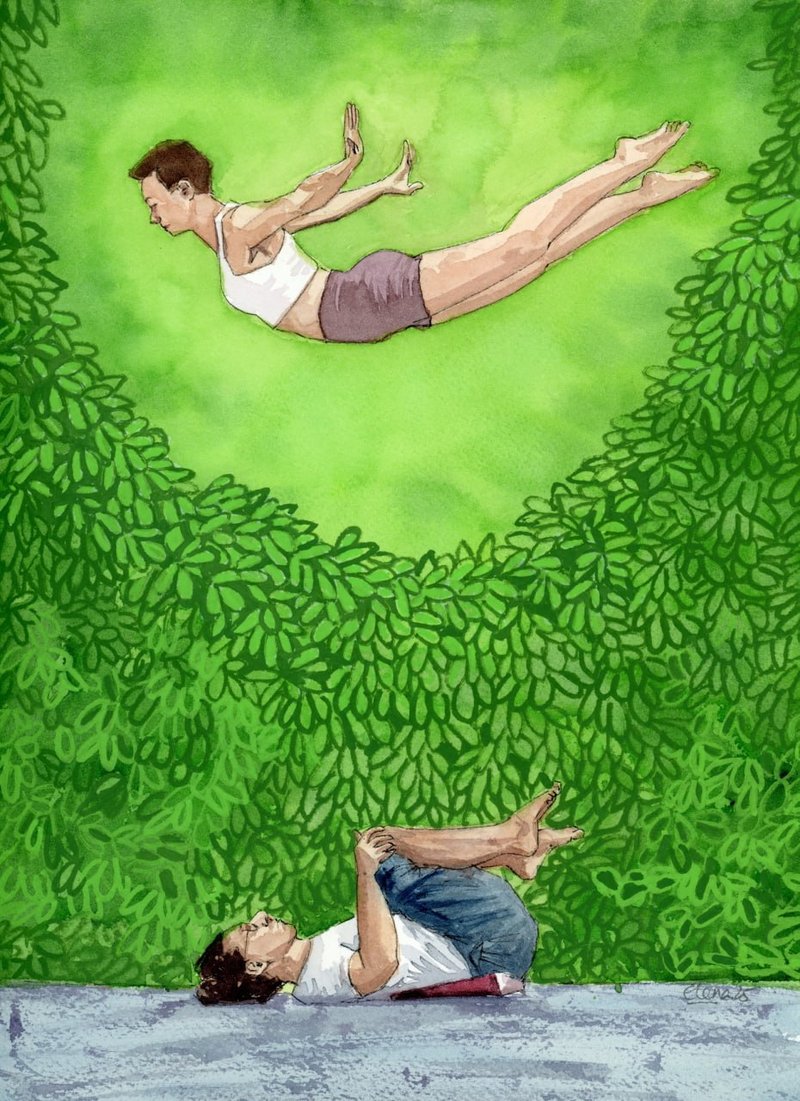 Acroyoga dive through green foliage arch — watercolor by Elena AcroArt