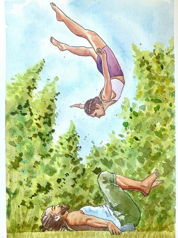 Acroyoga among forest trees — watercolor by Elena
