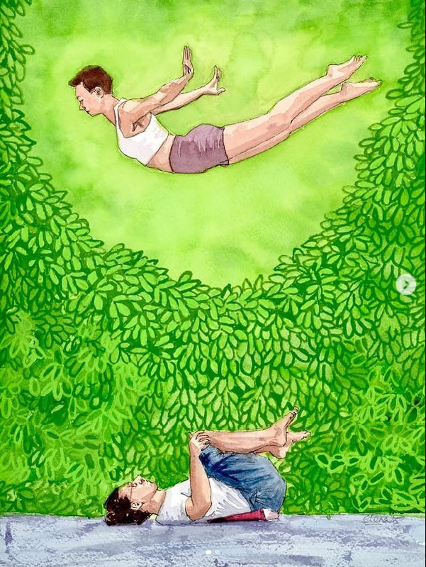 Acroyoga in a lush green garden — watercolor by Elena