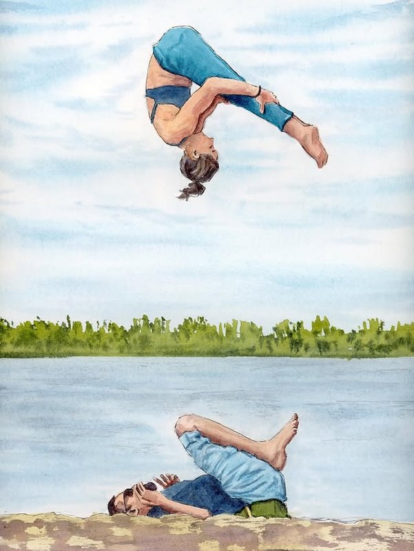 Acroyoga by the lake — watercolor by Elena