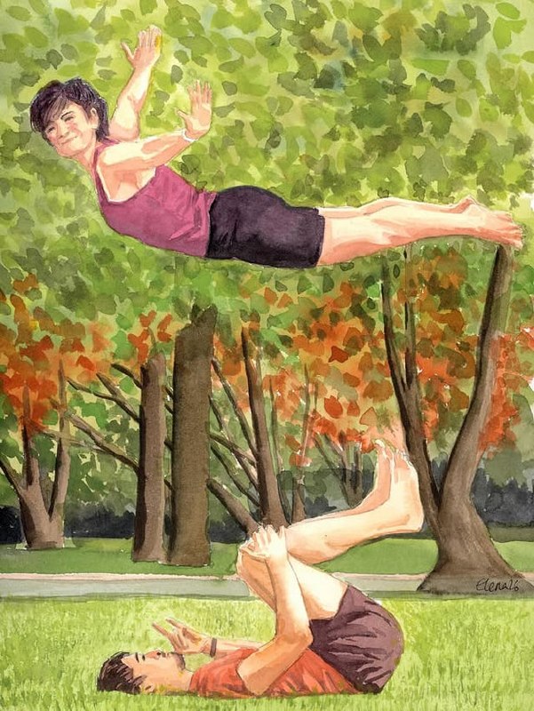 Acroyoga couple in an autumn park — watercolor by Elena