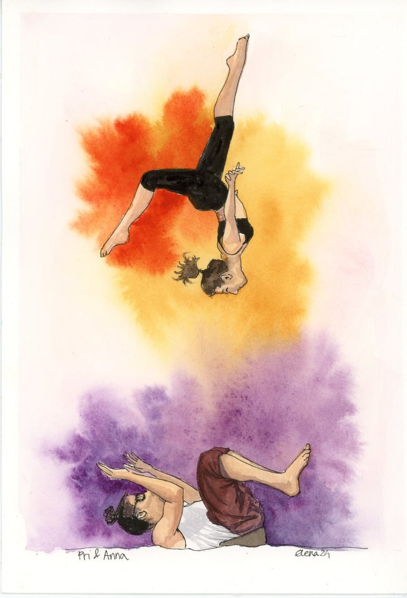 Pri & Anna — dynamic toss pose on orange-purple background, watercolor by Elena AcroArt